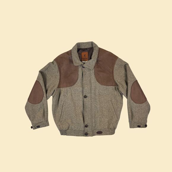 90s XL wool bomber jacket by Browning, vintage wool & leather zip up Canada-made - Picture 1 of 9